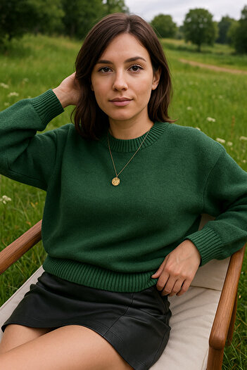 K-ODEA BUTİK Pulover de tricotaj oversize VERDE pentru femei - decolteu moale texturat