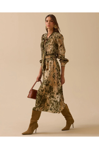 SEÇİL Patterned Belt Detailed Dress with Scarf Collar
