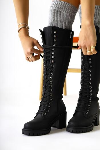 Limoya Γυναικείες μπότες Bella Black Lace Up και Οβάλ με τακούνι με φερμουάρ