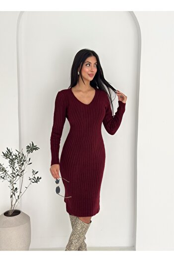 Brantu Fitilli Uzun Kollu V Yaka Kadın Bordo Triko Elbise