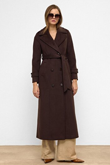 Olcay Epaulette Detailed Double Breasted Long Length Coat Brown 3056
