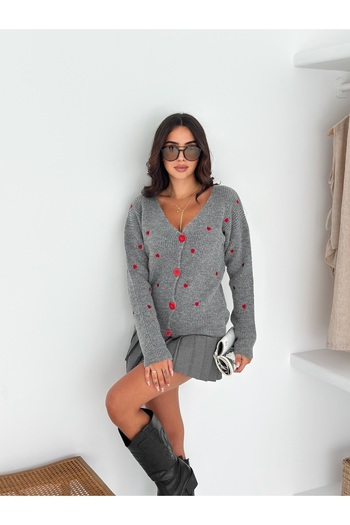 Brantu Women's Heart Patterned V-Neck Buttoned Gray Knitwear Cardigan