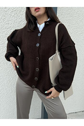 minaaise Women's Brown Oversize Knit Cardigan with Dirty Stitching 7000