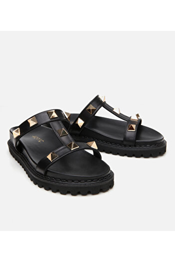 Hotiç Women's Leather Black Stone Slippers