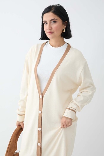 InStyle Stripe Detail Long Ecru Knitwear Cardigan