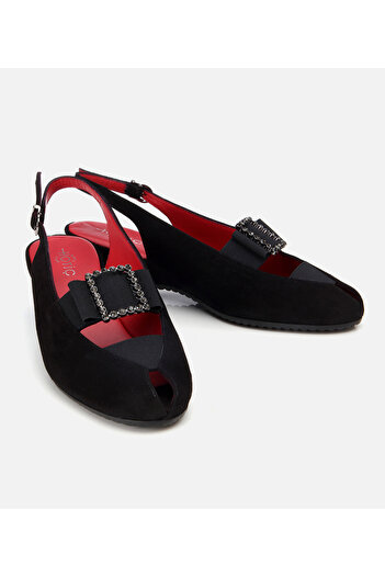 Hotiç Women's Suede Leather Black Buckle Flexible Wedge Heeled Sandals