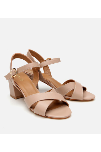 Hotiç Women's Leather Beige Belted Thick Heeled Sandals
