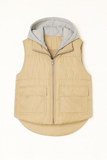 Qenz Gray Hooded Short Puffer Vest - Cream