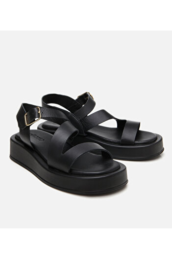 Hotiç Women's Leather Black Adjustable Flat Sandals