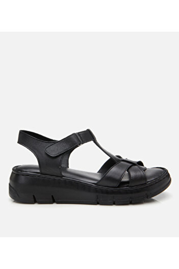 Hotiç Women's Leather Black Adjustable Comfort Sandals
