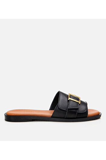 Hotiç Women's Leather Black Belt Detailed Flat Slippers