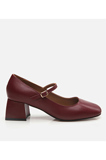 Hotiç Women's Leather Mary Jane Burgundy Thick Heeled Shoes