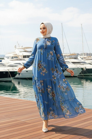 Neva Style Φόρεμα Indigo Blue Hijab με λουλούδια μοτίβο 22052IM