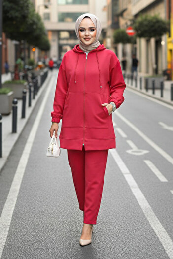 N.S NEVA STYLE Zippered Red Hijab Double Set 10400K