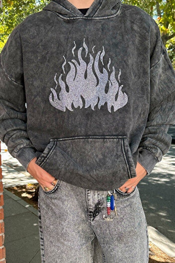 Sekizbiraltı Flame Stone Printed Oversize Unisex Μαύρο Hoodie που πλένεται