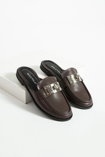diclepolat Women's Brown Metal Buckle Closed Toe Mule Loafer Slippers