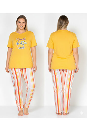 Alperi Plus Size Short Sleeve Yellow Striped Women's Pajama Set