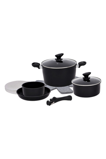 Extramall 13-piece black non-stick cooking pot and pan set with removable handle, lids, all hobs