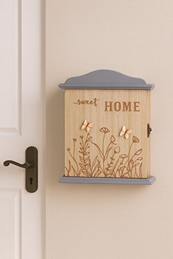 decorev Decorative Wooden Key Holder Box with Lid – Wall Hanger with Butterfly and Flower Motifs and the Text'Sweet Home'