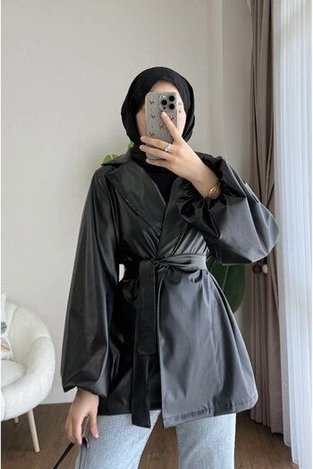 Nsade Ensade Belted Balloon Sleeve Leather Jacket
