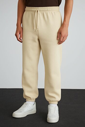 İLKCET MODA Unisex Cream Oversize Leg Elastic Thick Sweatpants