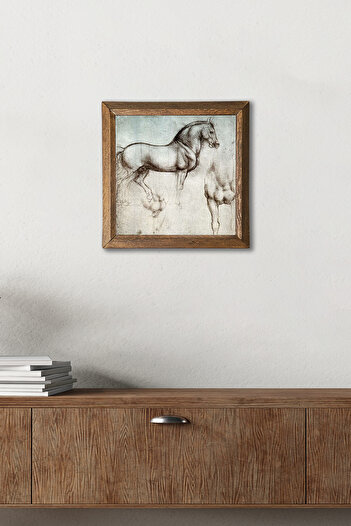 Pinecone Leonardo Da Vinci Horse Statue Stone Wall Painting with Wooden Frame – 25X25 cm Home and Office Decor | W1-16 |