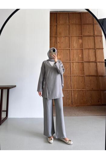 New Lune Women's Clothing Gray Color Side Tie Linen Tunic Suit Bottom Top Double Suit