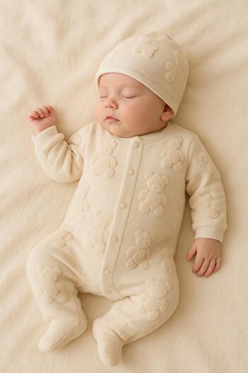 MixMax Bebe Kız Bebek Jakar Teddy Şapkalı Çıtçıtlı Tulum