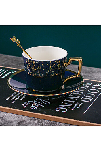 Generic 3-Piece Creative Golden Firework Coffee Cup And Saucer Dark Blue/Gold