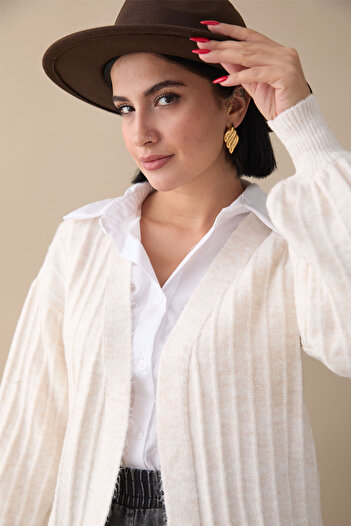InStyle Ecru Plush Corded Knitwear Cardigan