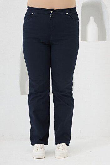 RMG Plus Size Navy Blue Cotton Trousers with Elastic Waist