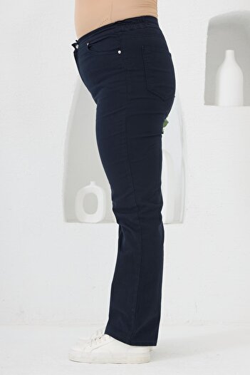 RMG Plus Size Navy Blue Cotton Trousers with Elastic Waist