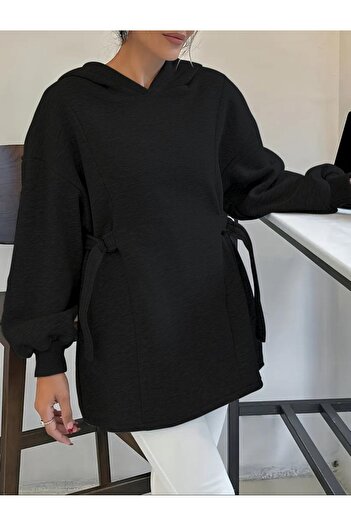 caddekombin Kadın Kapüşonlu Özel Tasarım Kuşaklı Siyah Sweatshirt