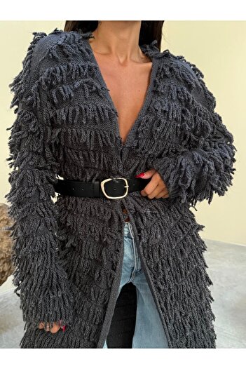 Julidress Anthracite Tasseled Maxi Long Cardigan