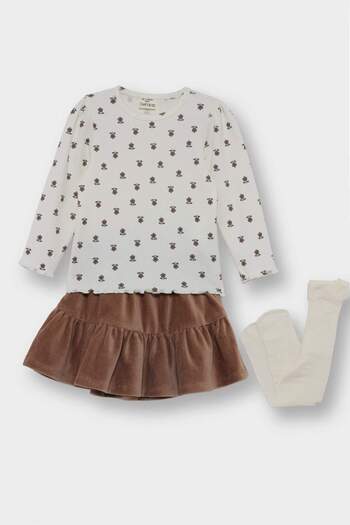 DeFacto Baby Girl 3-Piece Set Floral Pattern Ribbed Camisole Long Sleeve T-Shirt Velvet Skirt Pantyhose G0086