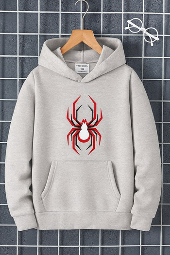 CLASSY.MODA Unisex Kangaroo Pocket 3 Thread Hoodie Modern Spider Print with Hood in White and Red Detail
