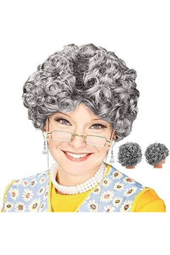 TTT Gray Curly Granny Wig Lined Model