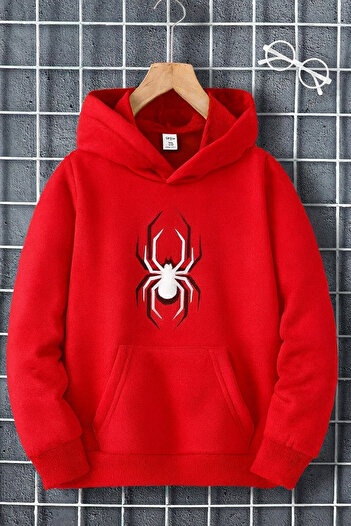 CLASSY.MODA Unisex Kangaroo Pocket 3 Thread Hoodie Modern Spider Print with Hood in White and Red Detail