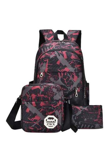 fulina 3-Piece Camouflage Printed Backpack With Crossbody Bag And Pouch Set Valentine Red/Black