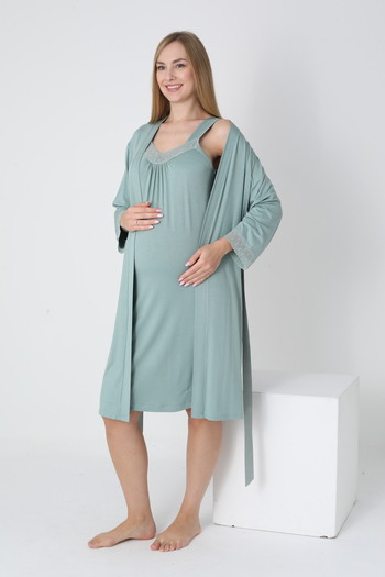 Miss Dünya Lissa Lace Detailed Dressing Gown V-Neck Midi Length Maternity and Postpartum Nightgown Set
