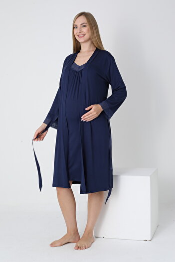 Miss Dünya Lissa Lace Detailed Dressing Gown V-Neck Midi Length Maternity and Postpartum Nightgown Set