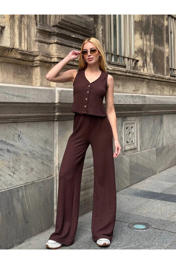 hazelin Women's Brown Elastic Waist Seersucker Fabric Trousers Hzl24S-Zk13261