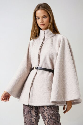 VAGGON Women's Beige Belted Hidden Button Premium Cape Vs01011