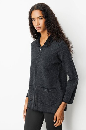 Desen Triko Women's Polo Neck Pocket Embroidered Wool Cardigan Black