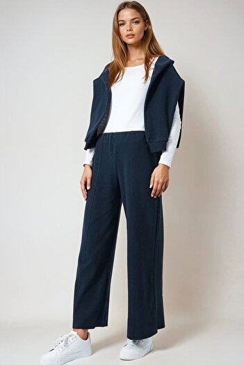 VAGGON Women's Navy Blue Elastic Waist Pocketless Palazzo Trousers Vs01027