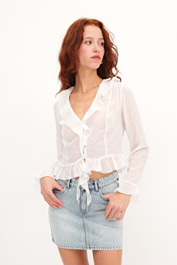 Addax V-Neck Ruffle Detailed Blouse B00833