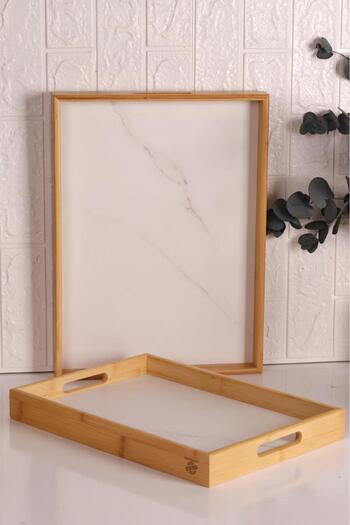 Atbyhome Bambum Marbella - Set of 2 Marble Patterned Trays White Large Medium