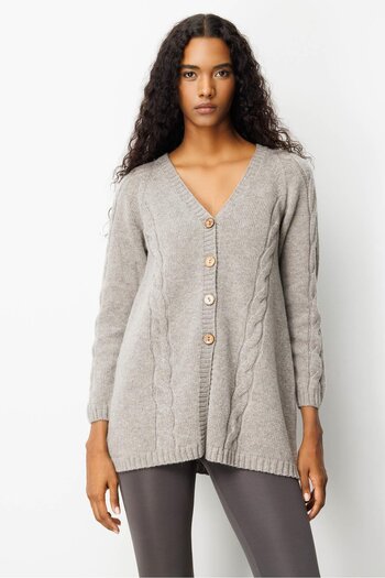 Desen Triko Women's V-Neck Hair Braided Long Wool Cardigan Mink