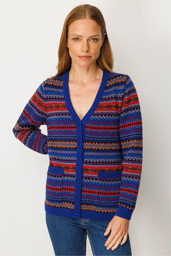 Desen Triko Women's V-Neck Jacquard Wool Cardigan Dark Blue