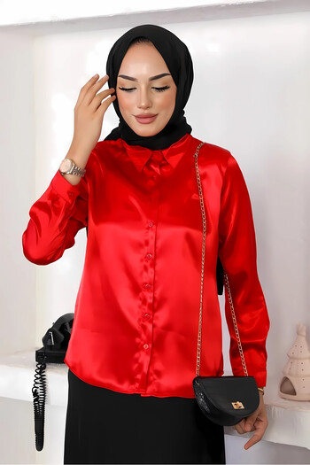 hazelin Women's Red Satin Surface Hijab Shirt Hzl25W-Bd139641